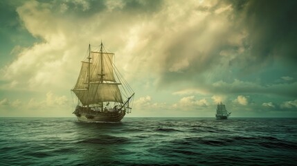 Vintage sailing ships on the open sea under a dramatic sky, capturing the essence of maritime adventure and the allure of the ocean.