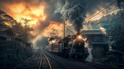 Vintage steam train chugging along a rural track at dawn, surrounded by scenic forest and dramatic sky with smoke billowing.