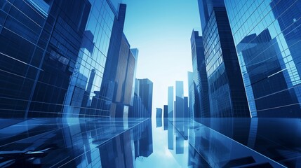 Modern skyscrapers of a smart city, futuristic financial district, graphic perspective of buildings and reflections - Architectural blue background for corporate and business brochure template