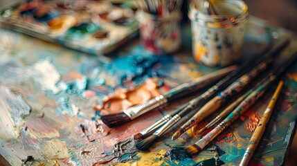Obraz premium Colorful Artist's Studio with Paint Brushes and Vibrant Palette. Creative Workspace Showcasing Artistic Tools and Paintings. Inspiring Environment for Art Creation and Expression.
