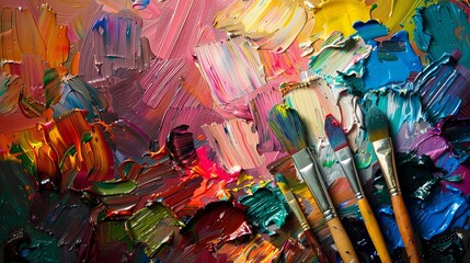 Obraz premium Colorful Artist's Studio with Paint Brushes and Vibrant Palette. Creative Workspace Showcasing Artistic Tools and Paintings. Inspiring Environment for Art Creation and Expression.