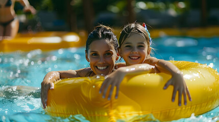 mother and daughter in a yellow pool float on a lazy river at an waterpark, close up