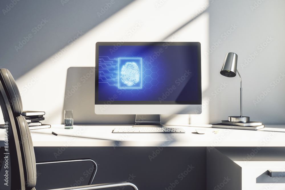 Poster abstract creative fingerprint concept on modern laptop screen. 3d rendering