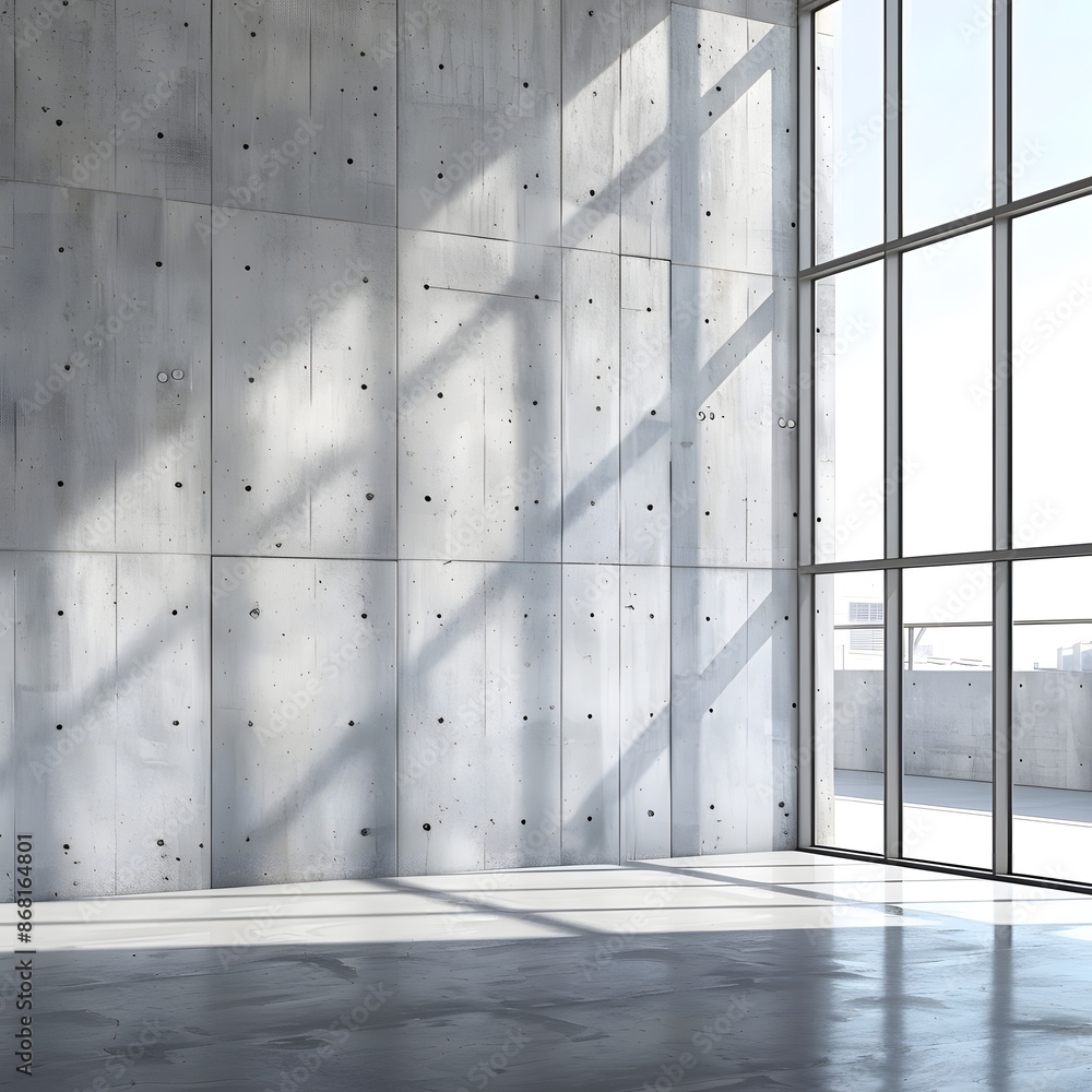 Sticker blank wall in bright concrete office with large windows mockup 3d rendering isolated on white backgr