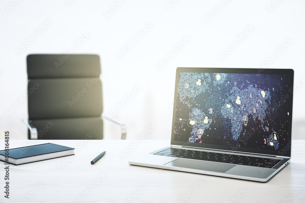 Poster Modern computer monitor with social network icons concept with world map. Marketing and promotion concept. 3D Rendering