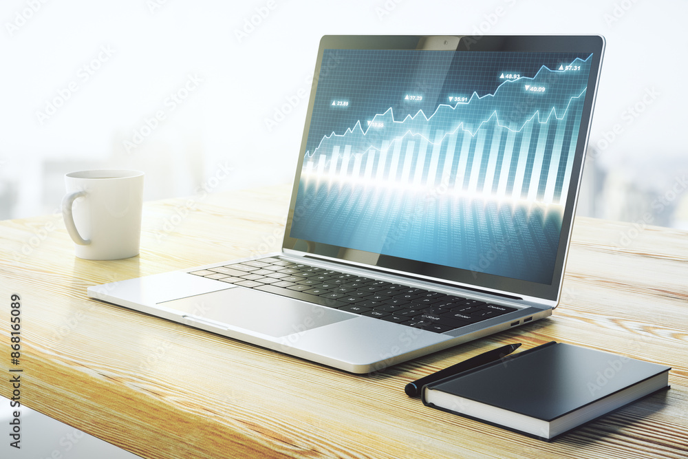Poster Computer monitor with abstract financial graph, finance and trading concept. 3D Rendering