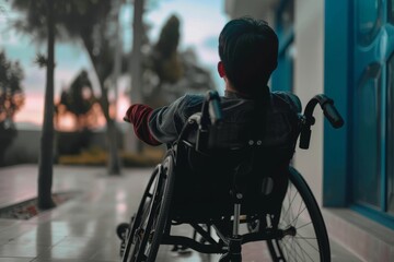 Male in wheelchair preparing to ride his hand cycle