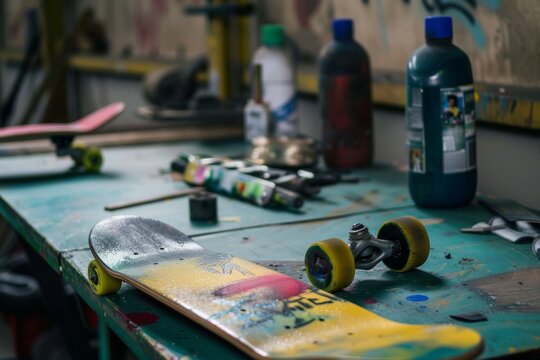 Skateboard close-up Spray paint, skateboard in work shop, no people - Powered by Adobe