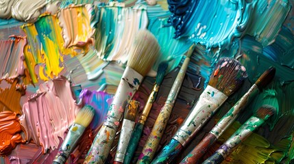 Fototapeta premium Colorful Artist's Studio with Paint Brushes and Vibrant Palette. Creative Workspace Showcasing Artistic Tools and Paintings. Inspiring Environment for Art Creation and Expression.