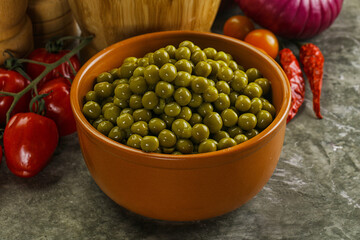 Sweet canned young green peas