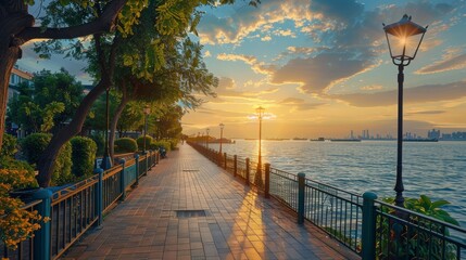 Fototapeta premium Background design concept featuring a tranquil harbor under a clear blue sky, symbolizing international shipping and maritime business in America.