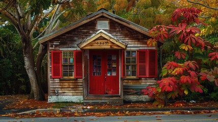 Fototapeta premium small-town library with classic red Bahama shutters, surrounded by autumn foliage