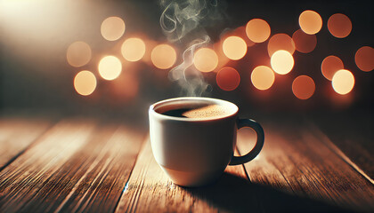 Fototapeta premium A steaming coffee cup with bokeh lights in the background, photorealistic, wide aspect ratio.