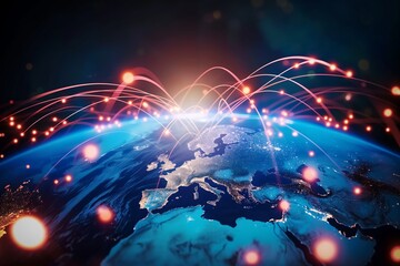 Abstract digital world map, concept of global network and connectivity on Earth, data transfer and cyber technology, information exchange and international telecommunication