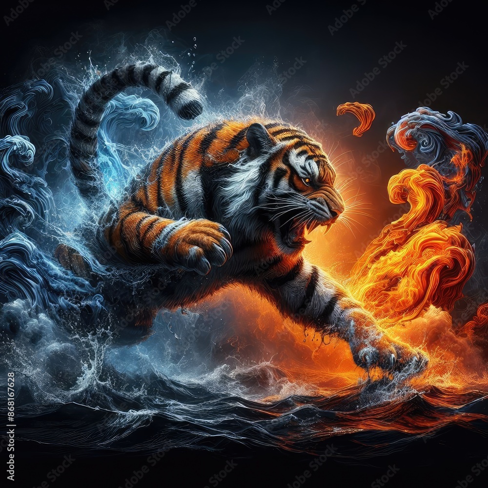 Wall mural tiger fighting with background smoke and flames