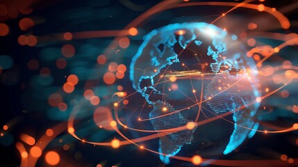 Abstract digital world map, concept of global network and connectivity on Earth, data transfer and cyber technology, information exchange and international telecommunication