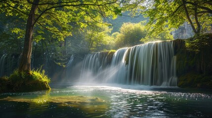 Fototapeta premium A tranquil waterfall in a forest glade, with sunlight filtering through the trees and illuminating the water