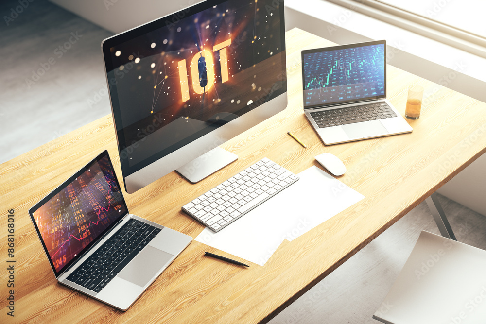 Poster creative iot concept on modern laptop screen. 3d rendering