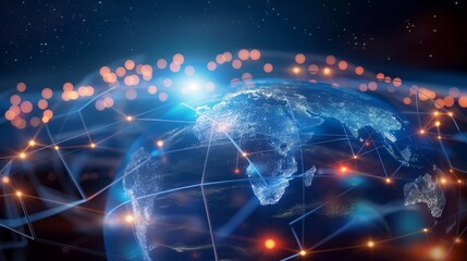 Obraz premium Abstract digital world map, concept of global network and connectivity on Earth, data transfer and cyber technology, information exchange and international telecommunication