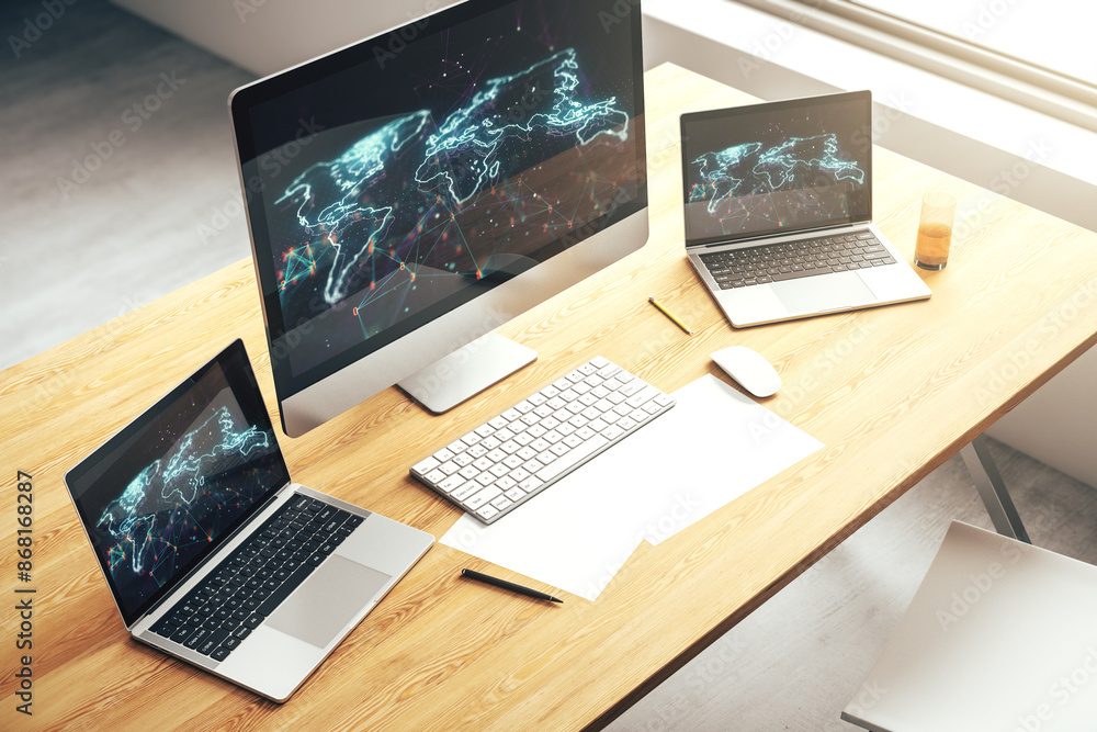Poster abstract creative world map on modern laptop screen, international trading concept. 3d rendering