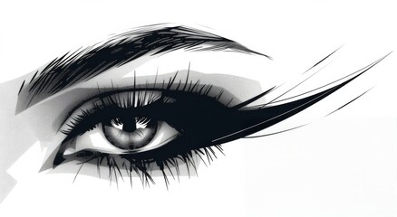 A Detailed Black And White Drawing Of A Womans Eye With Bold Eyeliner