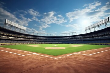 Empty Baseball Stadium with a Clear Blue Sky