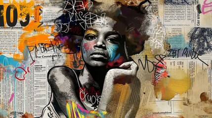Graffiti, collage of grunge newspapers and multicolored painting splash, illustration of an African woman with a dreamy expression, urban graphic