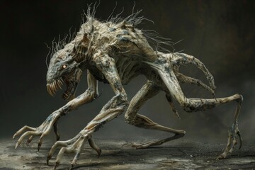 Fototapeta premium Ferocious and skeletal alien beast with sharp claws and menacing stance ready to attack
