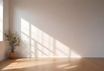 Obraz premium Modern beige Interior with geometrical sunlight, shadows, and natural decor. Empty wall mockup. Generative AI