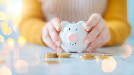 Hands holding a piggy bank with coins in the foreground, symbolizing saving money and financial planning.