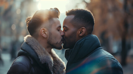 Happy gay couple kissing on the street