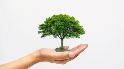 Hand showing green tree in hand on white background. Area for copying