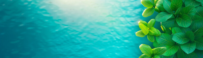 Vibrant green leaves on a turquoise textured background with sunlight creating a serene and refreshing atmosphere, perfect for nature-themed projects.