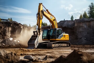 Obraz premium Yellow Excavator Working on a Construction Site