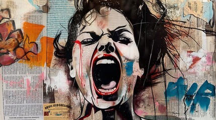 Graffiti, collage of grunge newspapers and painting, illustration of an iconic woman, screaming with a fighting spirit, feminist revolution for equality