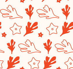 Seamless vector pattern featuring hand-drawn seaweed and starfish. Perfect for kitchen covers, fabrics, wallpapers, wrapping papers, and textiles. This marine design adds a fun touch to any project.