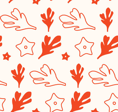 Seamless vector pattern featuring hand-drawn seaweed and starfish. Perfect for kitchen covers, fabrics, wallpapers, wrapping papers, and textiles. This marine design adds a fun touch to any project.