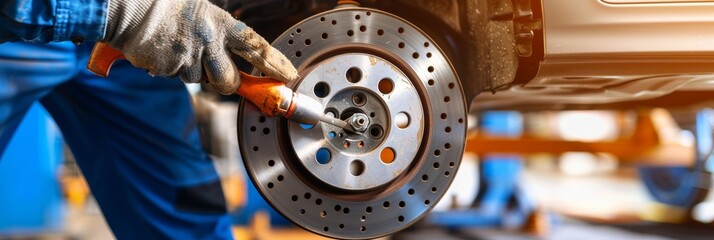 Professional auto service  mechanic replacing car brakes during routine maintenance
