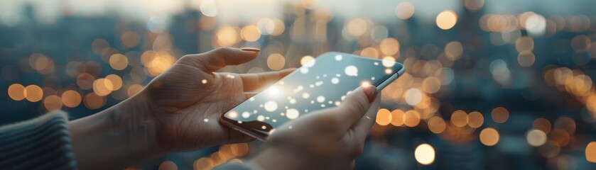 A person is holding a cell phone in their hand, with the screen displaying a bright, colorful image of a city skyline. Concept of excitement and energy