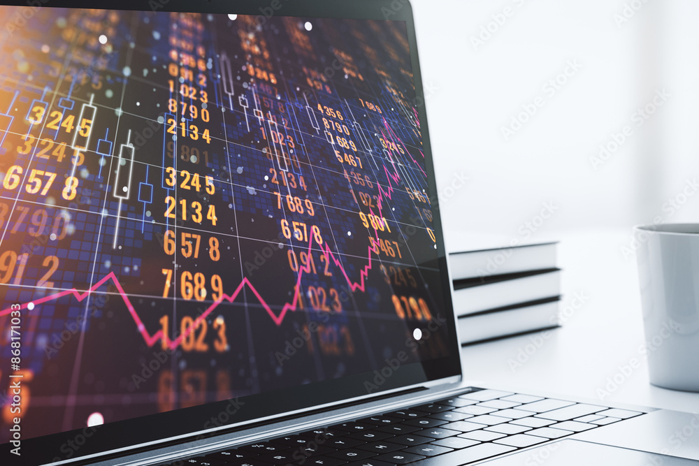 Aufkleber Abstract creative stats data concept on modern laptop screen. 3D Rendering