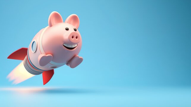 Piggy bank on a flying rocket on yellow. Financial, investing, savings and wealth management solution concept.