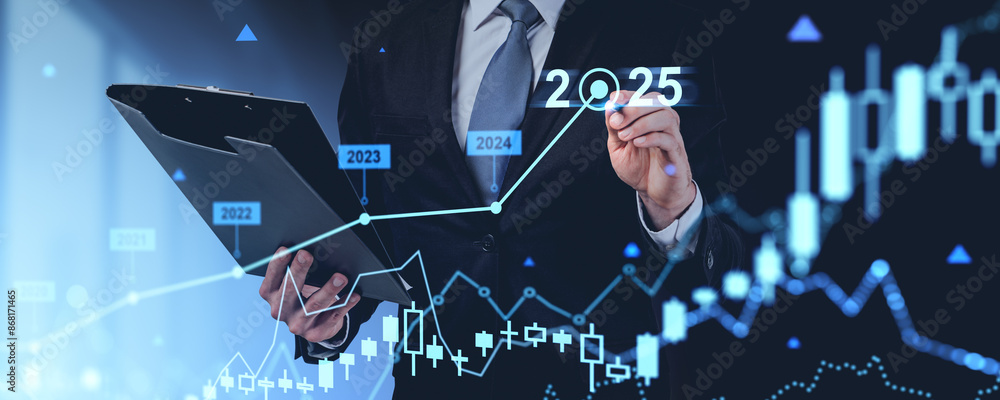 Poster man working with forex candlesticks and graph lines, future investment