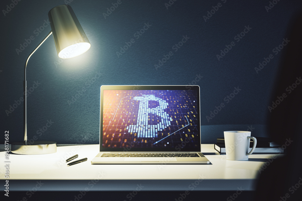 Poster creative bitcoin concept on modern laptop screen. 3d rendering