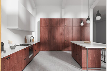 Wooden home kitchen interior with bar table and cabinet, shelves and appliances