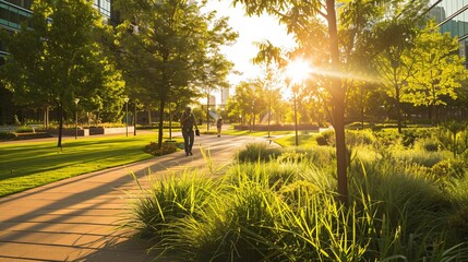 Obraz premium Urban Gardening Bliss: Person Planting Amid Modern City Park Landscaping