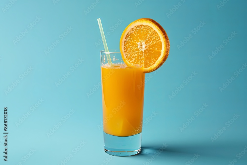 Aufkleber a glass of orange juice with a straw and an orange slice on a blue background. generative ai