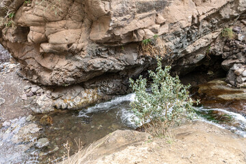 Rocky stream flowing through a mountain gorge in Morocco, surrounded by rugged cliffs and sparse vegetation