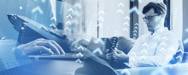 Business people with devices, rising arrows and business skyscrapers