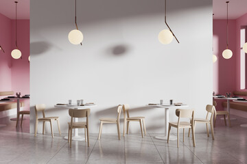 Bright cafe interior with chairs and eating tables in row on concrete floor