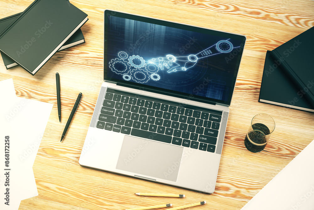 Aufkleber Creative concept of robotics technology on modern laptop screen. Robot development and automation concept. 3D Rendering